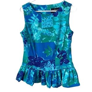 John Roberts Blue & Green Floral Peplum Blouse Top Ruffle Detail Back Size US 10